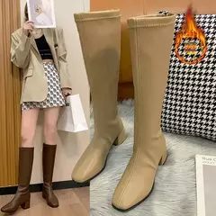 Botas longas femininas de salto alto de bloco preto, botas altas de joelho quente, sapatos de couro macio, moda inverno, novo, 2021 - loja online