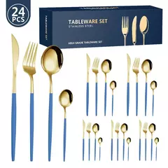 Conjunto de talheres de aço inoxidável, faca e garfo, produto comestível, durável, 4 conjuntos de 6 pessoas, ouro, garfo, colheres, 24 pcs - Wolf Magazine