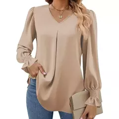 Nova camisa feminina de chiffon de cor sólida com decote em v pulôver queimado manga comprida camisa superior senhora do escritório elegante cáqui blusas soltas
