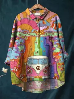 Imagem do Sardinha de peixe retrô casual feminina arte camisa de bolso manga longa, camisas estampadas estilo havaiano, tops com gola v, verão