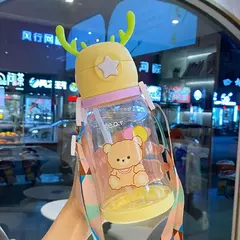 Imagem do Garrafa de água Deer Horn para crianças, grande capacidade, copo de palha de plástico, estudante, menina kawaii, crianças, desenhos animados, 500ml
