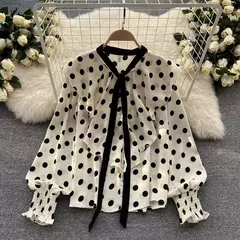 Vintage de bolinhas manga comprida plissado crop top feminino, t-shirt fina chique, camisa sexy casual fina, streetwear Harajuku, moda primavera