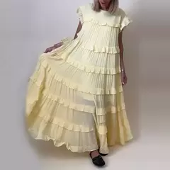 Vestido feminino plissado com babados de férias, vestido solto feminino casual com decote em O, manga curta, robe de cintura alta, nova moda verão - Wolf Magazine