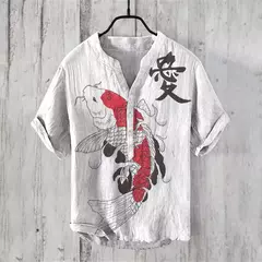 Camiseta casual de manga curta estampada masculina, camisa Henry estilo japonês na internet