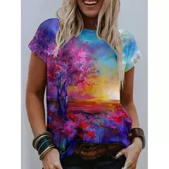 Camiseta explosiva estampada em girassol 3D para mulheres, gola redonda, fosca, flor, moda, novo produto, 2024