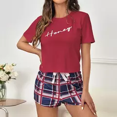 Conjunto pijama xadrez feminino, top e shorts casuais de manga curta, pijamas femininos, pijamas para casa, loungewear, 2 peças, verão, 2024