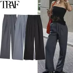 TRAF-Calça formal feminina, calça casual de perna larga, listrada, cinza, preta, cintura alta, terno largo, roupa de escritório