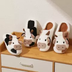 Chinelos de pelúcia quente de vaca unisex dos desenhos animados, Mula interna antiderrapante de casal, Sapatos de algodão, Toe Wrap, Novo, Inverno na internet