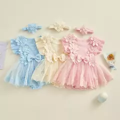 Recém-nascido Lace Patchwork Ruffle Macacões, Macacão Vestido, Mesh Baby Girl Roupas, Sunsuit Roupas, 2Pc Roupas - Wolf Magazine