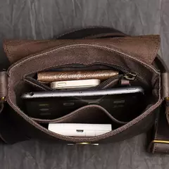 Saco crossbody escuro de couro genuíno vintage, saco masculino, bolsa de ombro de couro, saco do telefone, saco do iPad, 7.9 ", moda - loja online