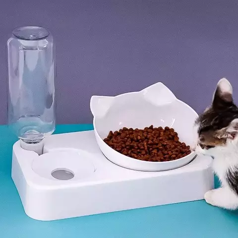 Alimentador automático para animais de estimação, Tigela de dupla finalidade, Inclinação para proteger o colo do útero, Comida para cães