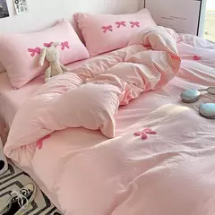 Imagem do Cute Pink Bows Embroidery Duvet Cover Set, Conjuntos de cama 3D Confortável Rainha Consolador, capas macias para meninas, crianças, adolescentes