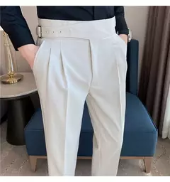 Estilo britânico dos homens de cintura alta vestido casual calça masculina cinto design calças finas formal escritório social vestido de festa de casamento terno calças - Wolf Magazine
