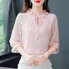 Chiffon blusa com gola pétala para as mulheres, blusa solta e casual, meia manga, gravata borboleta, nova moda, primavera verão, tamanho m a 4xl, 2024 - Wolf Magazine