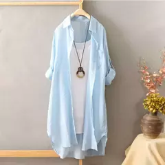 Camisa solta de comprimento médio feminina, tops de manga comprida, blusa casual, casaco feminino, moda verão - loja online