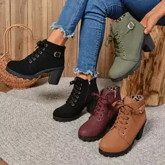 Imagem do Botas de salto alto com renda para mulheres, plataforma de fivela, sapatos de couro artificial, moda feminina, 2024