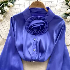 Elegante cetim tridimensional flor manga longa lapela blusa chique vintage moda colheita topo feminino camisas de outono roupas na internet