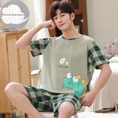 Conjunto pijama masculino de malha de algodão, conjunto de pijamas manga curta, terno letra, Homewear masculino, tamanho XL a XXL, verão na internet