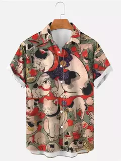 Camisa havaiana dos desenhos animados de anime masculino, Tops de manga curta, roupas casuais masculinas, rua, animais, gatos, retrô, 3D Tees, verão na internet