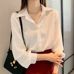 Camisa casual feminina de chiffon, manga comprida, blusa solta sólida, tops para senhora do escritório, moda feminina, S-4XL, primavera e outono - Wolf Magazine