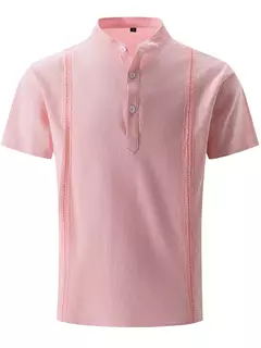 Pulôver de algodão de linho masculino, lapela, manga curta, colarinho Henry, guayabela sólida, alta qualidade, blusa casual de moda verão