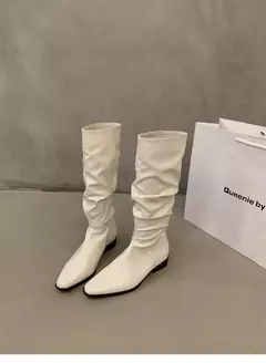 Botas altas para o joelho feminino, sapatos femininos, dobras deslizantes, salto baixo, dedo do pé redondo, plano, longo, moda, outono, inverno na internet