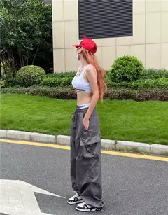 Y2k pára-quedas calças pretas mulheres hippie streetwear bolsos grandes calças de carga harajuku perna larga baggy sweatpants - loja online
