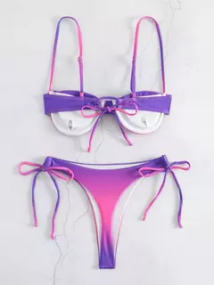 Imagem do Fato de banho plissado com cordão feminino, biquínis arco, maiô sexy, banhista, conjunto de biquíni gradiente, moda verão, 2 peças