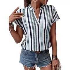 Top com decote em v impresso digital para mulheres, camisa casual, listrada em cores, férias havaianas, plus size, moda verão, novo, 2024 - comprar online