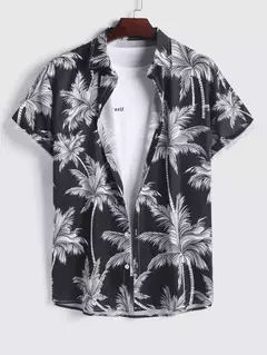 Camisa de lapela masculina de manga curta, estilo havaiano, padrão tropical de coqueiro, tops grandes, férias de verão - loja online
