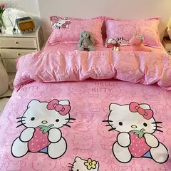 Olá Kitty Queen Size Conjunto de cama, colcha, folha plana e fronhas, Pink Princess Dorm Suit, desenhos animados bonitos, 4 pcs por conjunto