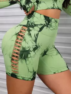 Tie Dye Hollow Out Shorts de levantamento de bumbum de cintura alta para mulheres, exercício sexy, ao ar livre e corrida, verão
