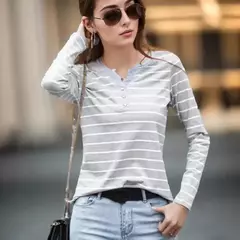 Blusa com decote em v estampada listrada para mulheres, camisas de manga comprida, tops casuais para senhora, primavera e outono