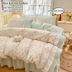 Conjunto de cama coreano para meninas, capa de edredão floral fronha de linho, lençol plano, gêmeo, solteiro, queen size, 3 peças
