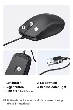 UGREEN-USB Mouse com fio com design ergonômico, 1200 DPI, 3 botões para laptops e PCs - comprar online
