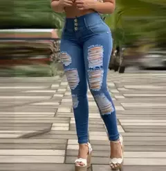 Jeans skinny para mulheres, botões rasgados, cintura apertada, monocromático, casual, roupa diária, primavera, verão, 2022