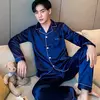 Pijama de seda de manga comprida com lapela masculino, versão coreana da cor sólida, roupa casual para a casa, cardigã
