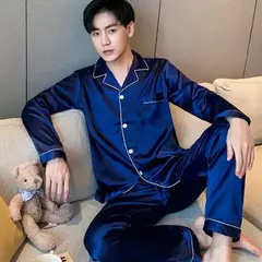 Pijama de seda de manga comprida com lapela masculino, versão coreana da cor sólida, roupa casual para a casa, cardigã na internet