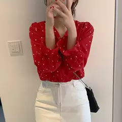 Camisa estampada amor com manga pétala, blusa com decote em v, manga comprida, moda doce, primavera e outono