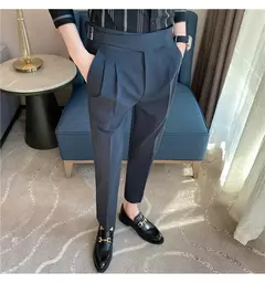 Imagem do Estilo britânico dos homens de cintura alta vestido casual calça masculina cinto design calças finas formal escritório social vestido de festa de casamento terno calças