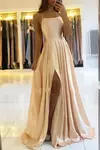 Vestido longo de cetim linha A feminino, cintas simples de espaguete, fenda sexy