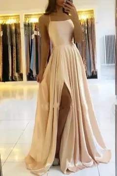 Vestido longo de cetim linha A feminino, cintas simples de espaguete, fenda sexy