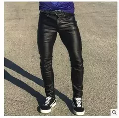 Calças finas de couro PU para homens, calças novas, vermelho, azul, preto, cinza, branco, 2023 - loja online