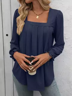 Camiseta feminina casual de manga comprida com gola quadrada, mangas folhada, design plissado, tops de pulôver, camisetas na moda - loja online