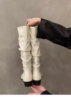 Botas altas para o joelho feminino, sapatos femininos, dobras deslizantes, salto baixo, dedo do pé redondo, plano, longo, moda, outono, inverno na internet