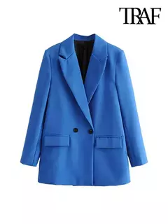 TRAF-Blazer de trespassado feminino, gola entalhada, manga comprida, chique, senhora do escritório, casaco vintage, casacos femininos, tops elegantes, moda na internet