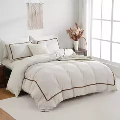 Soft Lightweight Duvet Cover Set, suave cama para baixo, bola Consolador, linha geométrica cama, toda a temporada, branco e cáqui, 3pcs - Wolf Magazine