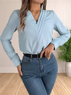 Imagem do Vestido feminino de manga comprida em camadas com decote em v, tops de trabalho, roupa de escritório, blusa empresarial, 2024