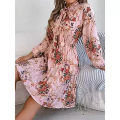 Vestido de Natal para as mulheres, manga longa, solto, elástico, estampa de flores, plissado, gola redonda, mini, novo, outono, 2022 - loja online