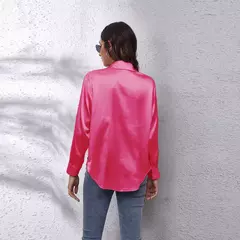 Blusa feminina de cetim manga longa, camisa cetim, tops de seda, vestuário europeu e americano, novo
